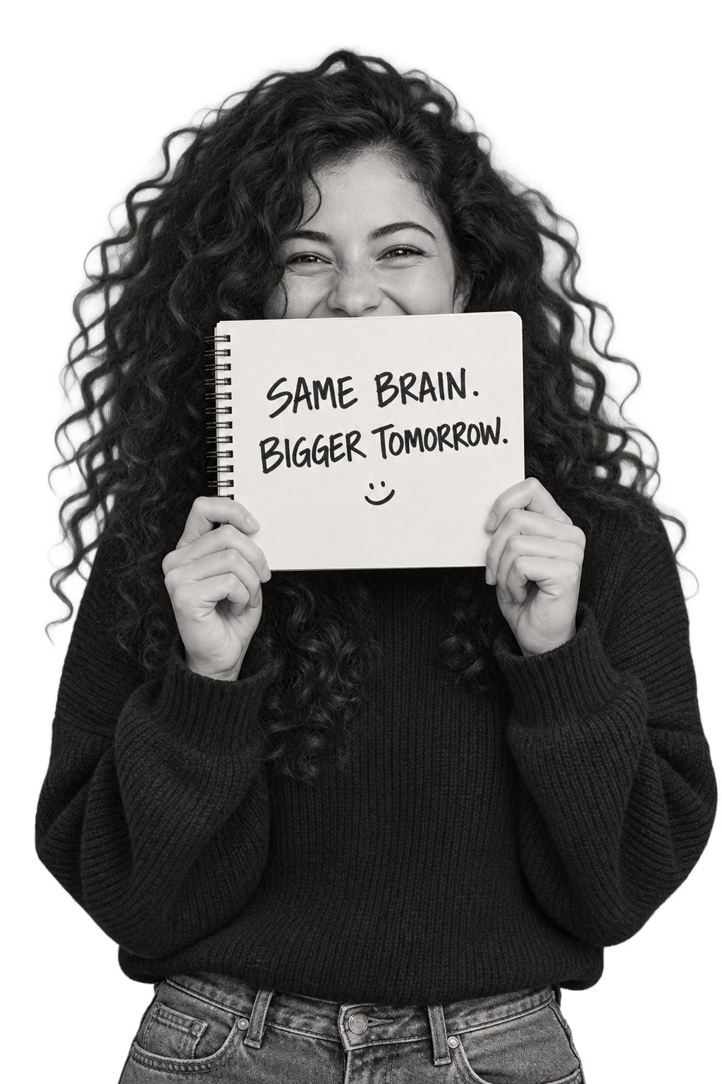 A smiling thinker holds a notebook that reads ‘Same brain. Bigger tomorrow.’
